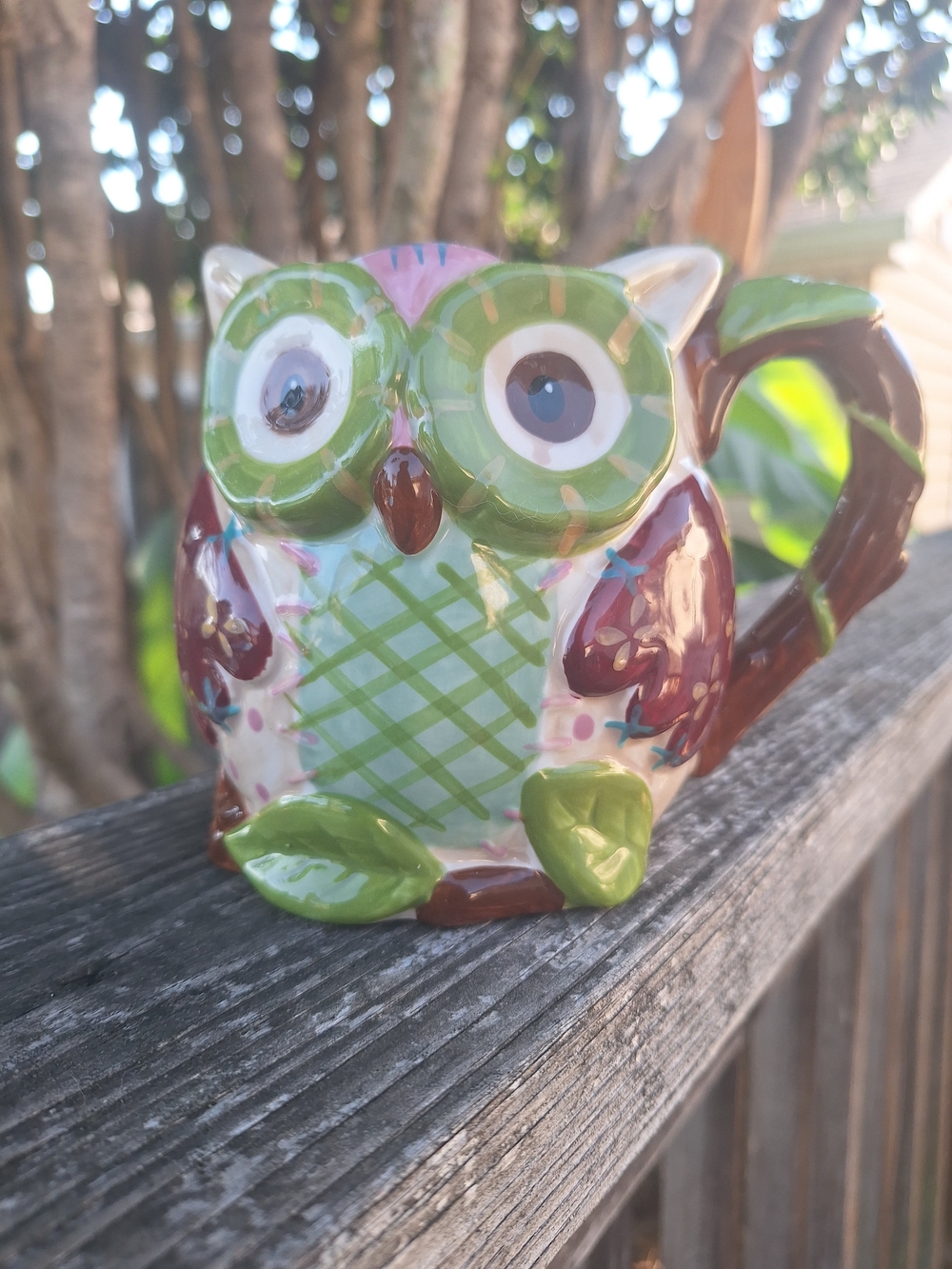 Pier 1 Hand-Painted Owl Mug — Green and Purple